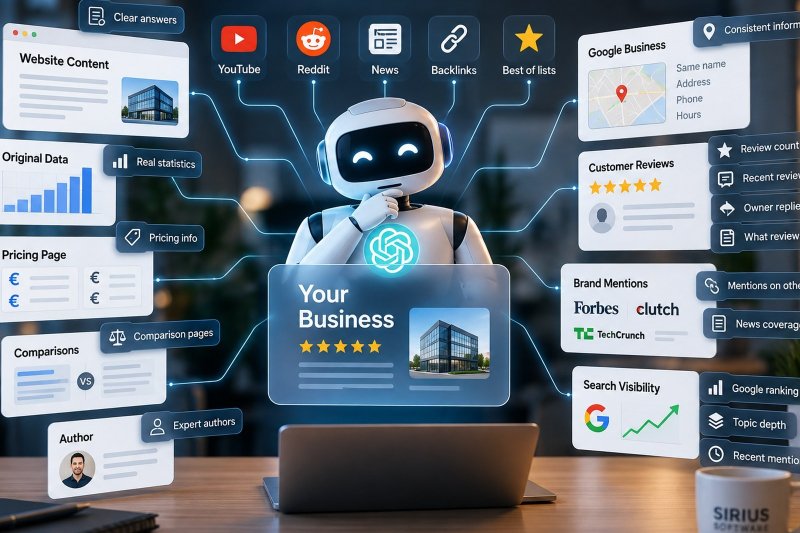 Илюстрация на AI система, която анализира съдържание, отзиви, бранд споменавания и видимост в търсачки