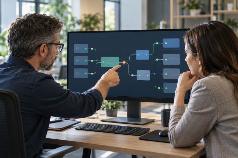 AI-generated illustrative photo of two professionals reviewing a software integration monitoring diagram