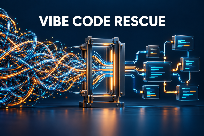 Vibe Code Rescue: преплетени линии се преобразуват в подредени и свързани софтуерни модули.